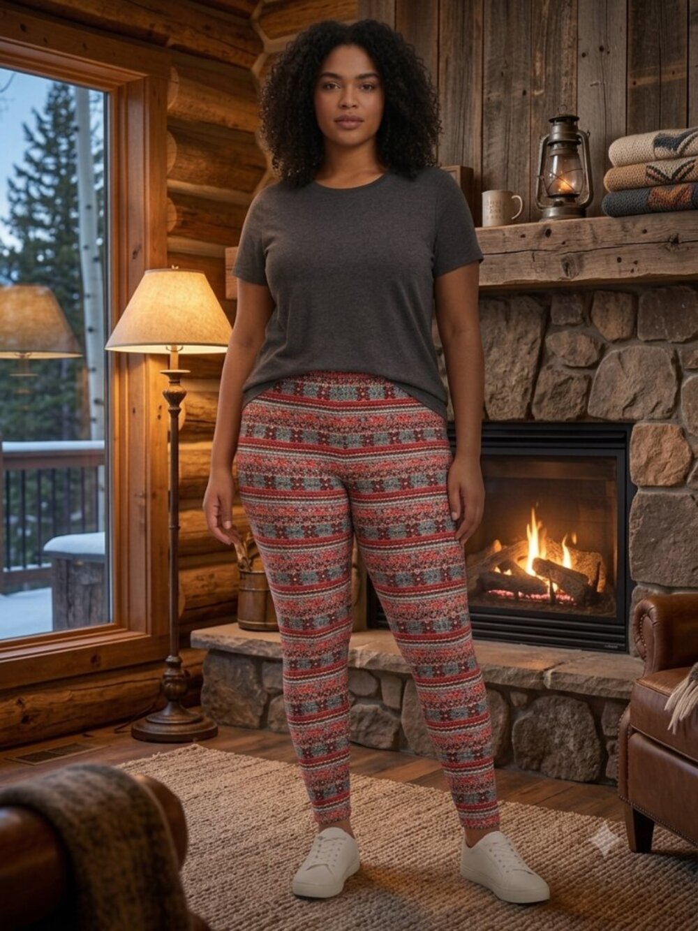 WinWin Super Soft Womens Leggings Red Grey Geometric Print Stretch Size L-XXL